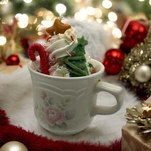 Festive Holiday Candle Mug with Colorful Decorations